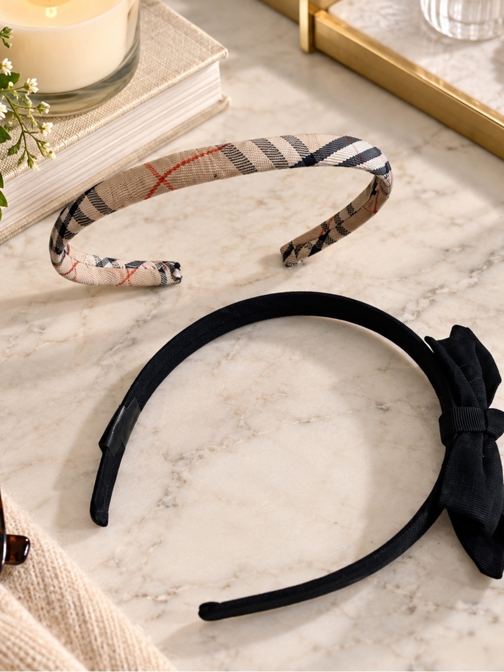Black Bow Headband and Plaid Pattern Headband Duo